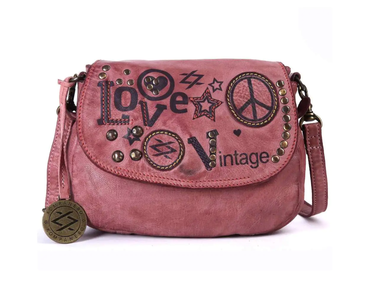 Love Vintage Italian Design Genuine Distressed Leather Cross body 7 Bag Rose