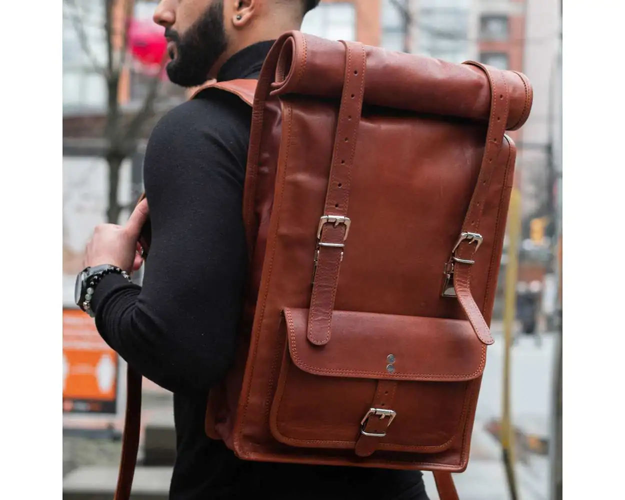 Leather travel backpack store