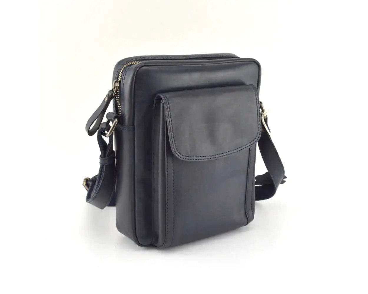 Navy leather messenger bag on sale