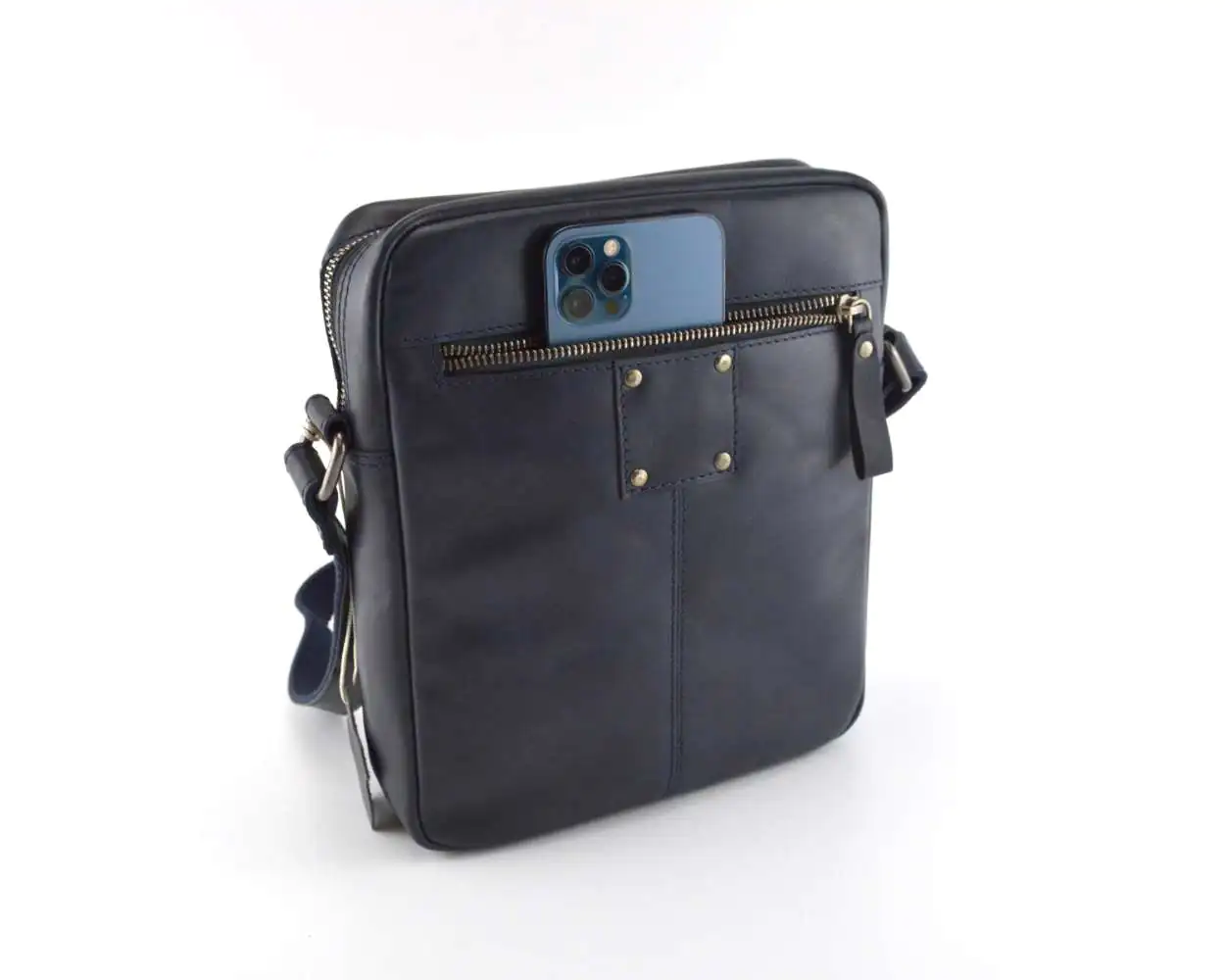 Navy leather messenger bag outlet