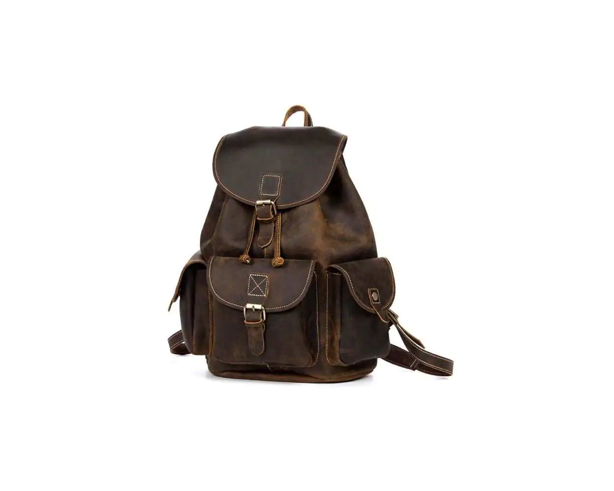 Dark Brown Leather Hiking Backpack With Pockets