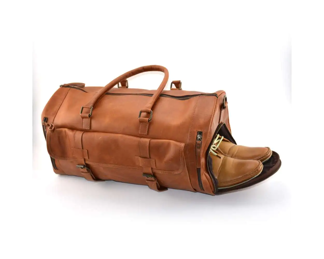 Genuine Leather Duffel Bag Weekend Luggage Bag Tan