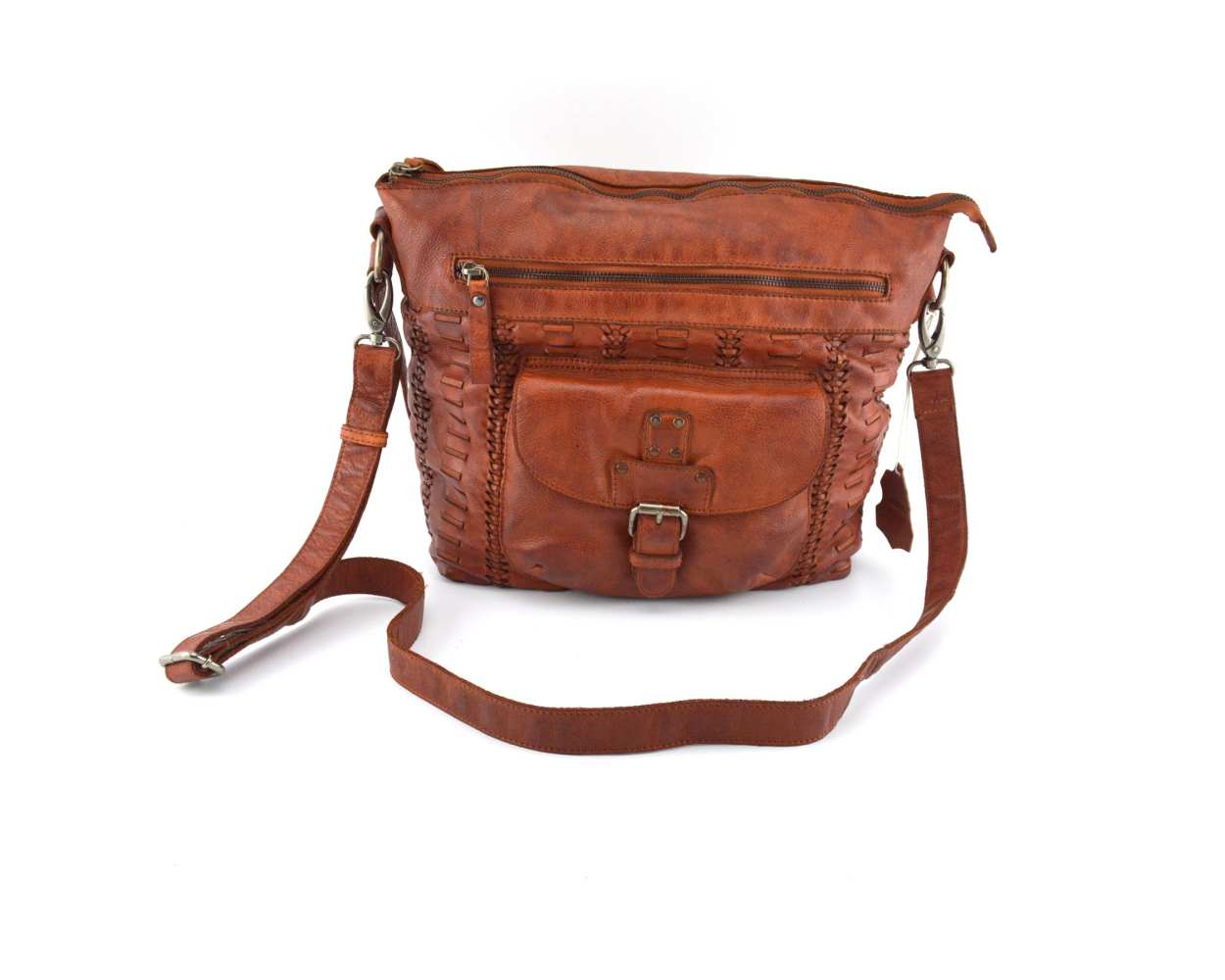 Women vintage leather messenger bag Cognac